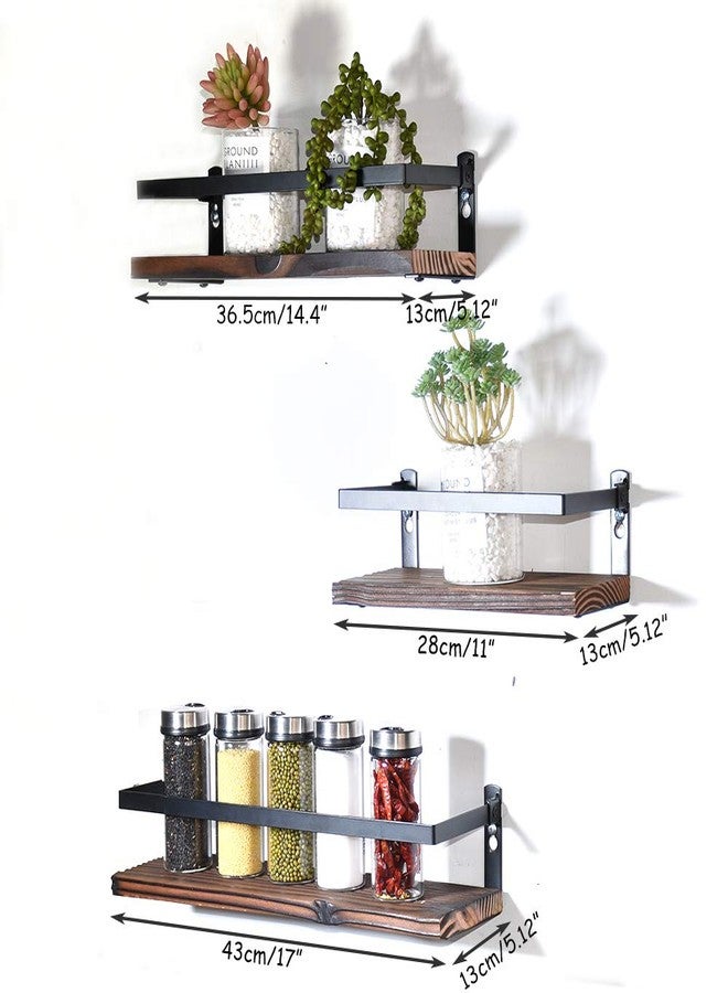 PHUNAYA Floating Shelves Rustic Wood Wall Mounted Shelf Practical Metal Fence Design Ideal for Bedroom, Bathroom, Kitchen Set of 3(Brown) - Image 4